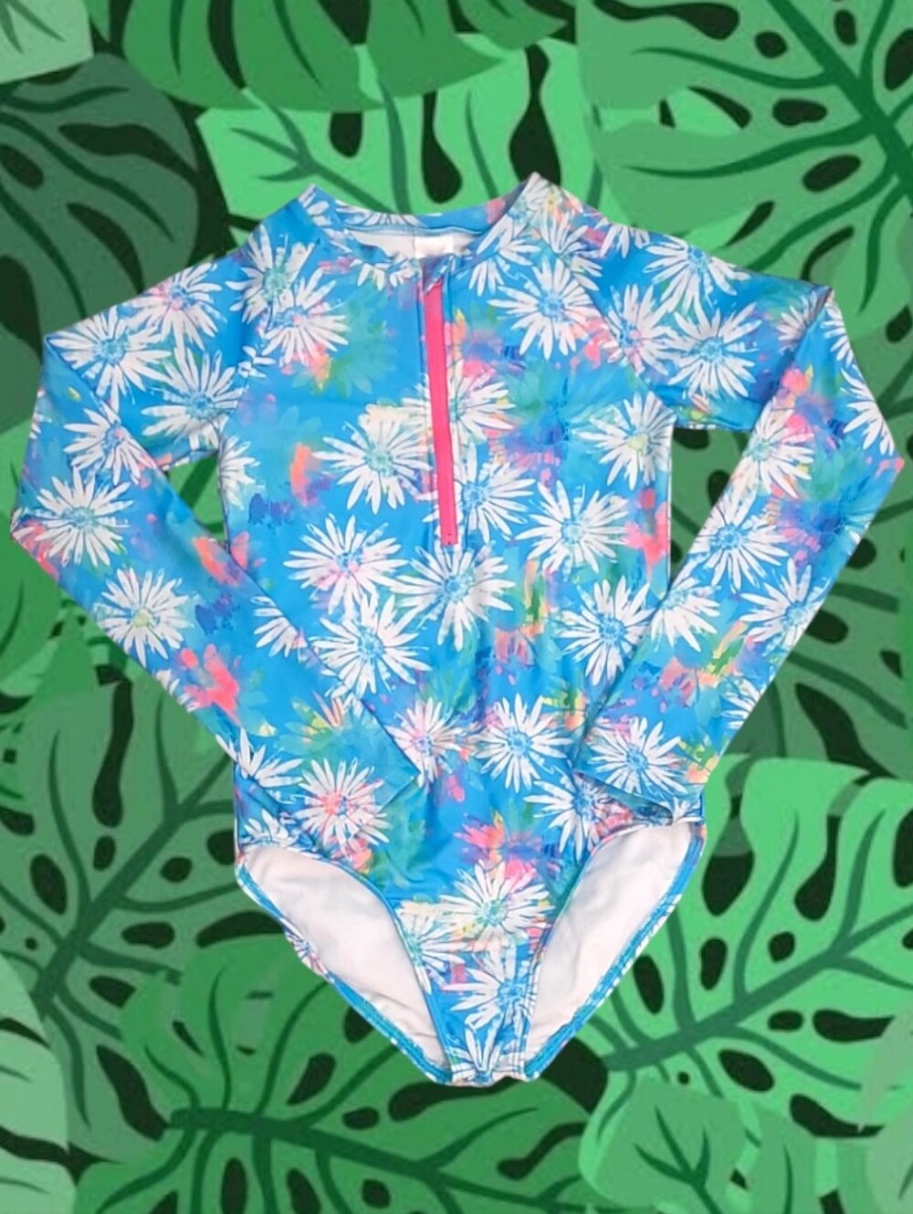 Cat & Jack's Girl's Blue Floral Long-Sleeve Rash Guard One-piece Swimsuit